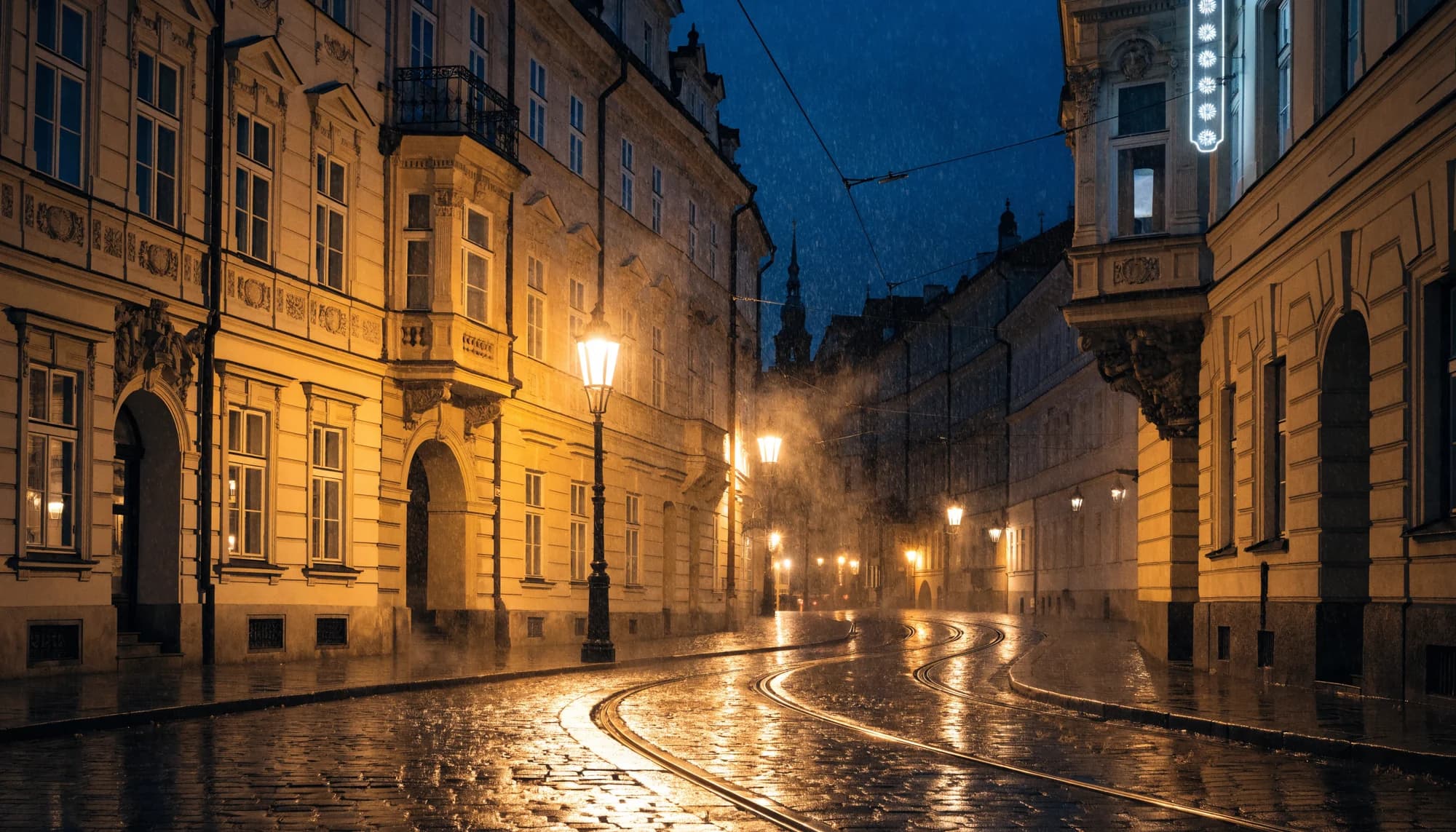 Dlážděná ulice na pražském Smíchově v noci